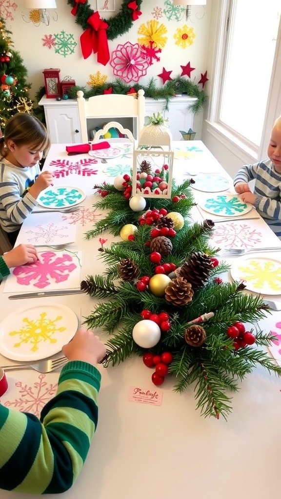 A Christmas table with colorful decorations made by kids, featuring snowflakes, ornaments, and natural elements.